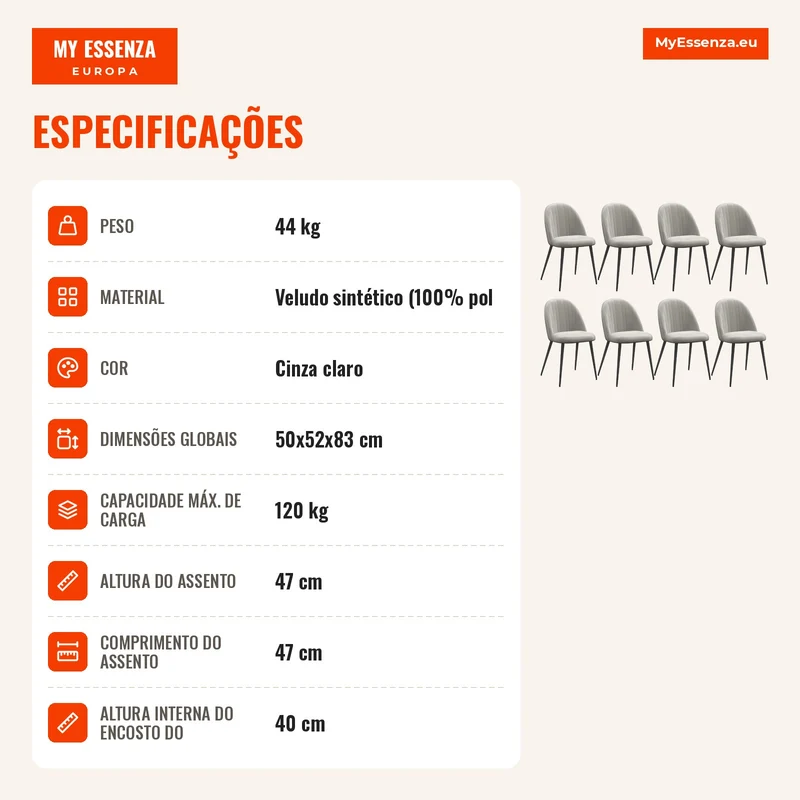 Conjunto de 8 Cadeiras de Sala de Jantar Modernas Cadeiras Estofadas em Veludo com Encosto Alto 50x52x83 cm Cinza
