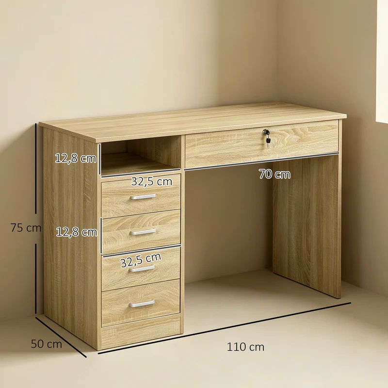 Secretária para Quarto ou Escritório em Madeira com 2 Gavetas e 2 Chaves 110x50x76 cm Branco