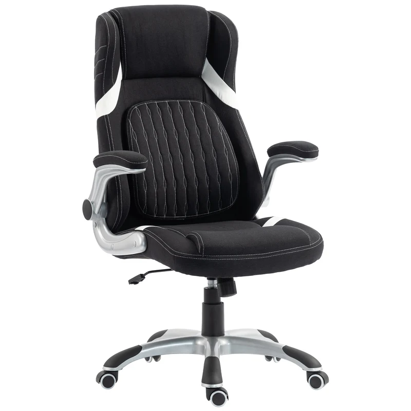 Cadeira de Escritório Ergonômica em Tecido Efeito Linho com Suporte Lombar Altura Regulável Balanço Preto