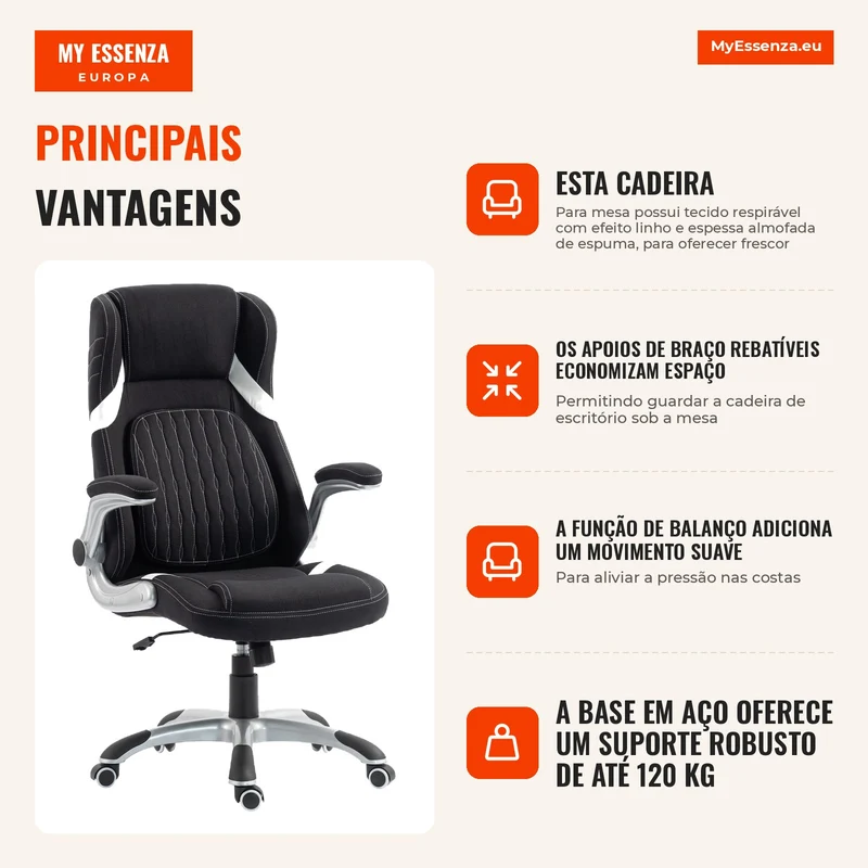 Cadeira de Escritório Ergonômica em Tecido Efeito Linho com Suporte Lombar Altura Regulável Balanço Preto