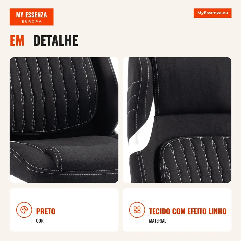Cadeira de Escritório Ergonômica em Tecido Efeito Linho com Suporte Lombar Altura Regulável Balanço Preto