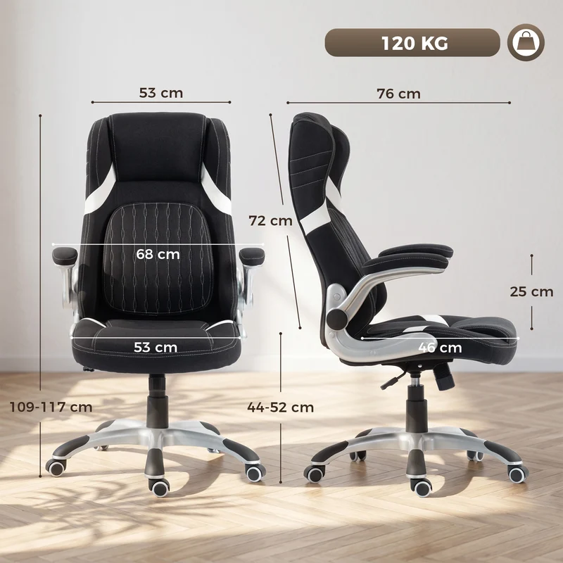 Cadeira de Escritório Ergonômica em Tecido Efeito Linho com Suporte Lombar Altura Regulável Balanço Preto
