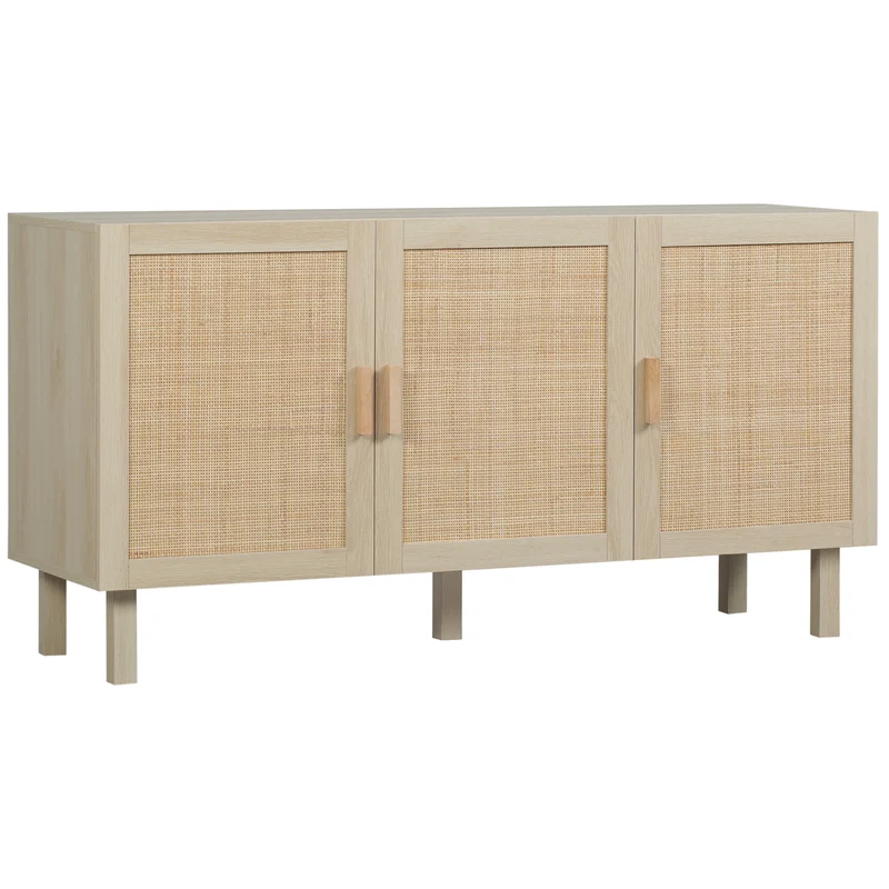 Aparador para Sala 3 Portas com Efeito Vime e Prateleiras Reguláveis Estilo Boho 136x41x70 cm