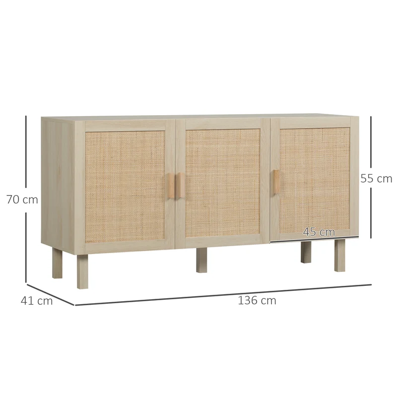 Aparador para Sala 3 Portas com Efeito Vime e Prateleiras Reguláveis Estilo Boho 136x41x70 cm