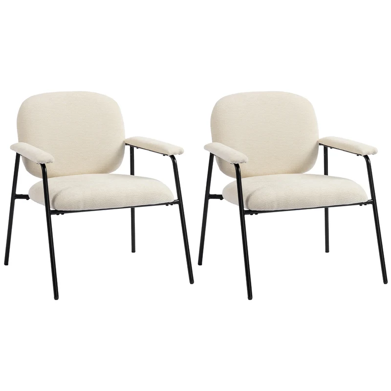 Conjunto 2 Poltronas em Chenille com Encosto Moldado Estrutura em Metal Creme