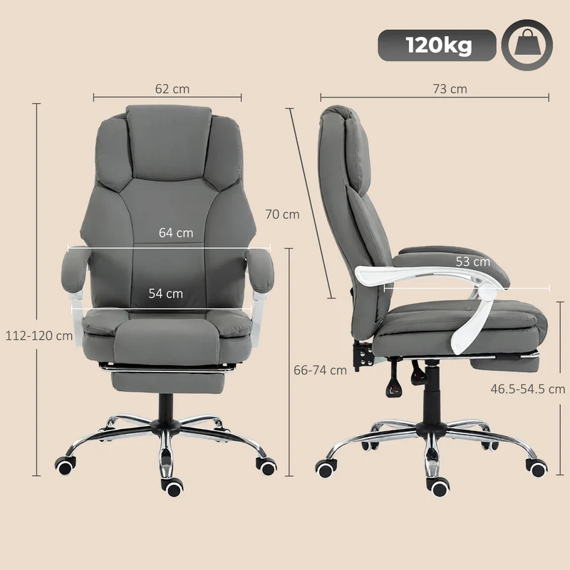 Cadeira de Escritório Ergonômica Poltrona Reclinável em Couro Sintético Compatível com Animais Altura Regulável Cinza