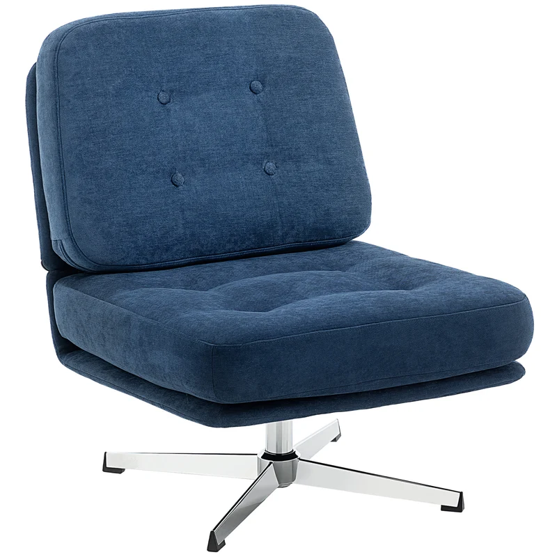 Poltrona de Sala Giratória Revestida em Chenille com Assento Largo, Poltrona Moderna para Quarto com Pés em Metal para Sala de Estar, Azul Escuro