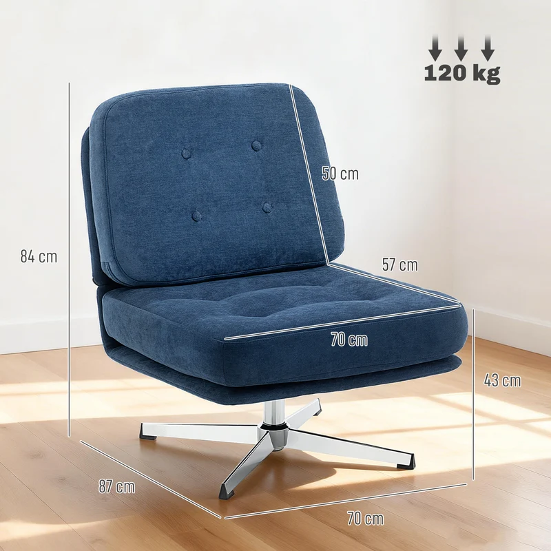 Poltrona de Sala Giratória Revestida em Chenille com Assento Largo, Poltrona Moderna para Quarto com Pés em Metal para Sala de Estar, Azul Escuro