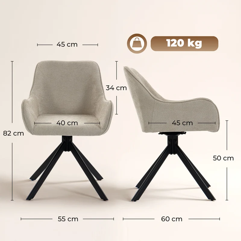 Conjunto de 2 Cadeiras de Jantar Cadeira Giratória de Cozinha com Apoios de Braço Estrutura Metálica para Sala de Estar e Sala de Jantar Bege