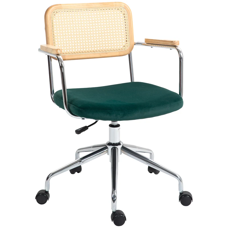 Cadeira de escritório, design boho, apoios de braços em madeira, giratória, ajustável, até 120 kg, aço, verde