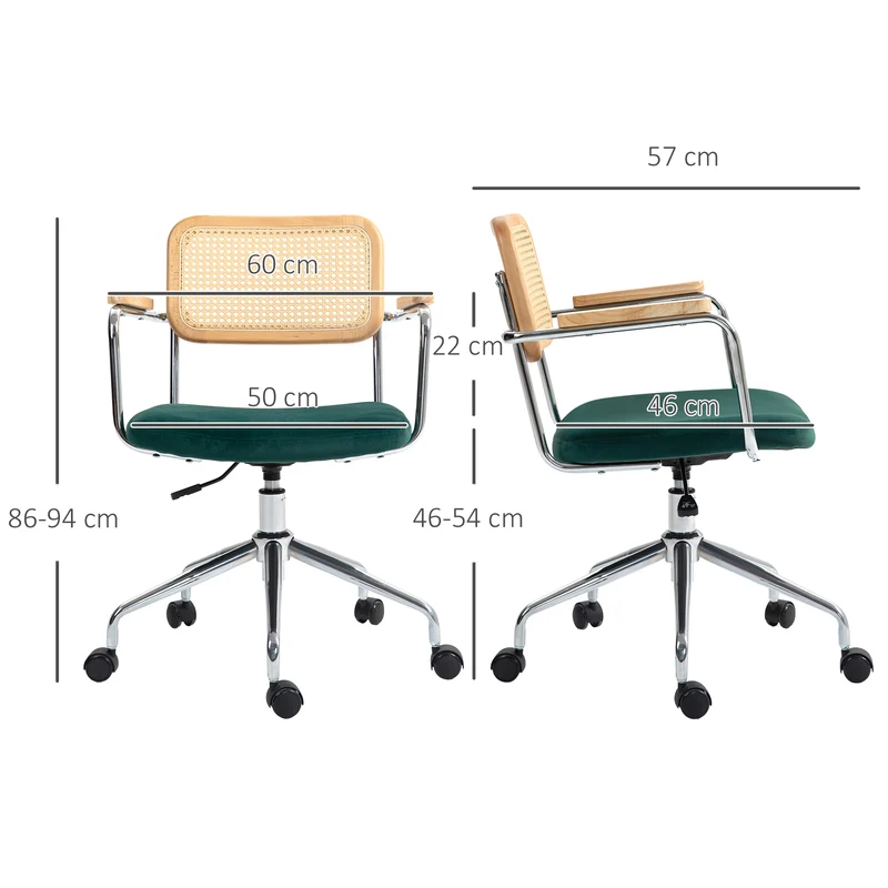 Cadeira de escritório, design boho, apoios de braços em madeira, giratória, ajustável, até 120 kg, aço, verde