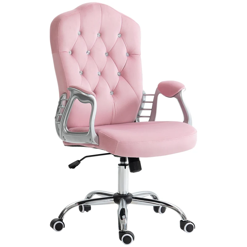 Cadeira de escritório, encosto reclinável, altura ajustável, visual de veludo, até 120 kg, Rosa