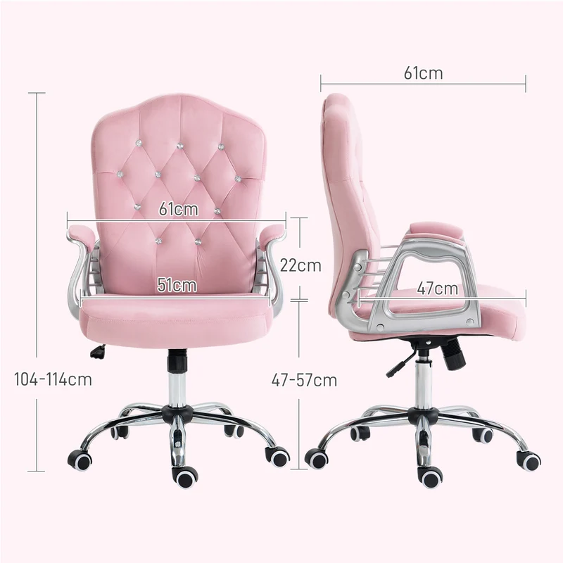 Cadeira de escritório, encosto reclinável, altura ajustável, visual de veludo, até 120 kg, Rosa