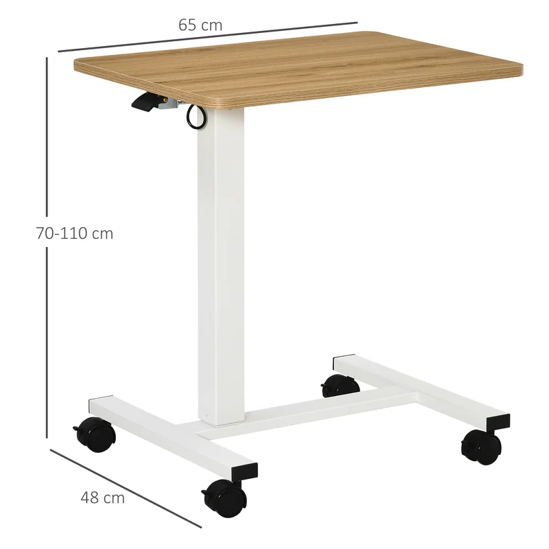 Mesa para trabalhar em pé Regulável em altura incl. 4 rodízios Forma C 65 cm x 48 cm x 70-110 cm Natural + Branco