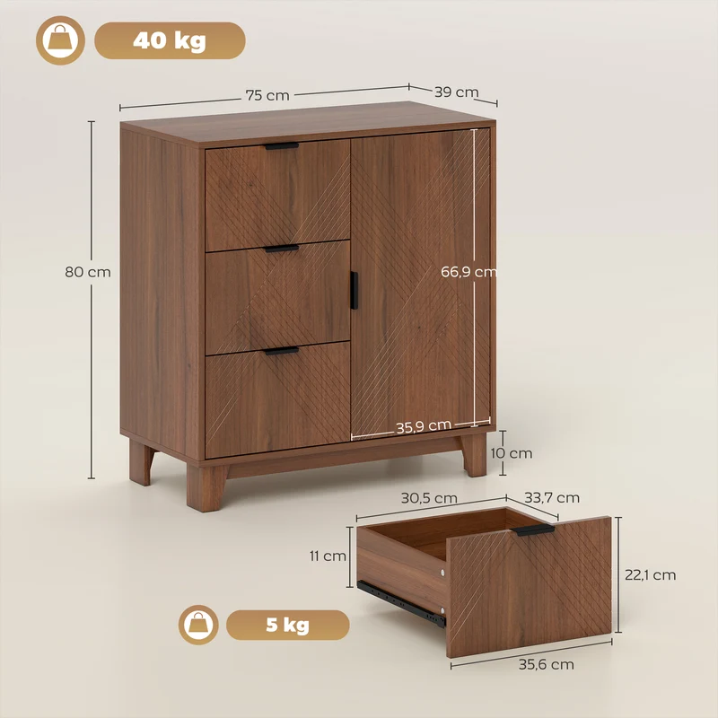 Aparador para Sala Móvel de Arrumação com Porta 3 Gavetas e Prateleira Ajustável 75x39x80 cm Efeito Madeira Marrom