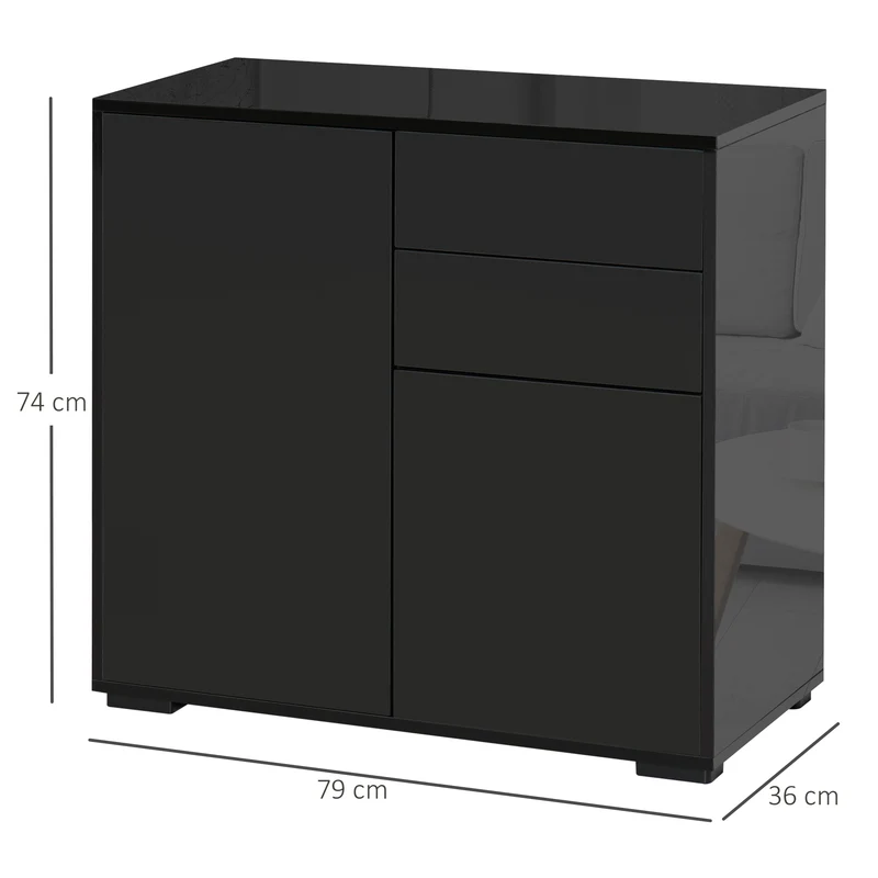 Armário de Arrumação com 2 Gavetas 2 Portas com Fixação Anti-tombamento para Sala de Estar Quarto 79x36x74 cm Preto