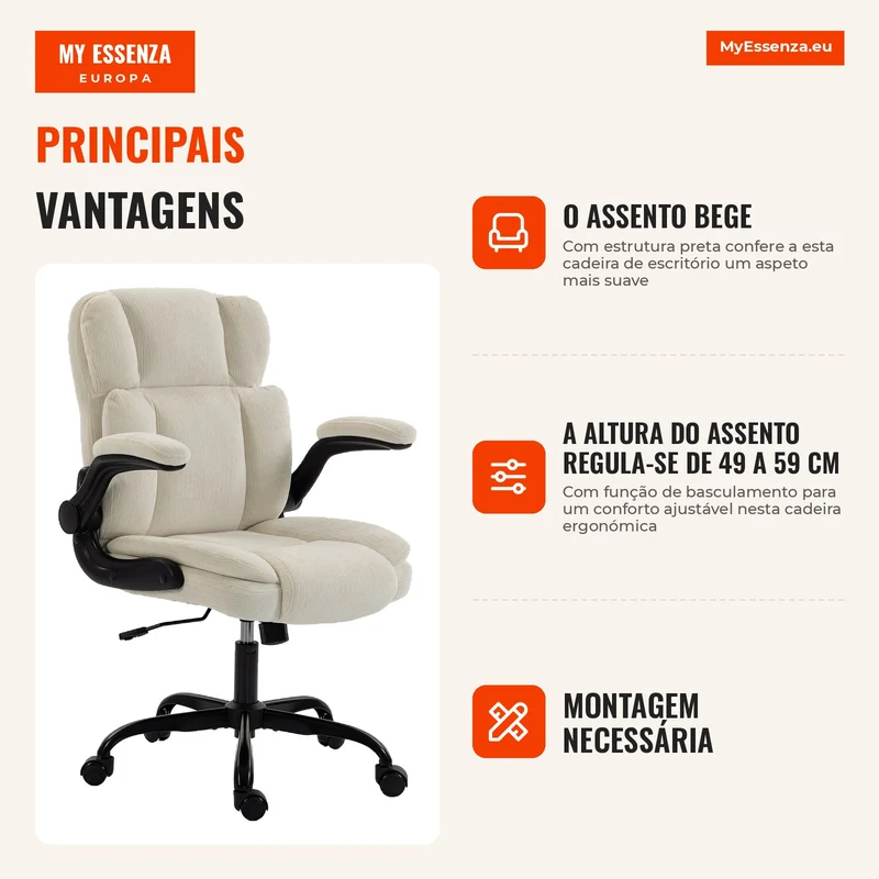 Cadeira de Escritório Ergonómica em Chenille Função de Basculamento Apoios de Braço Eleváveis Altura Ajustável 70x67x108 cm Bege