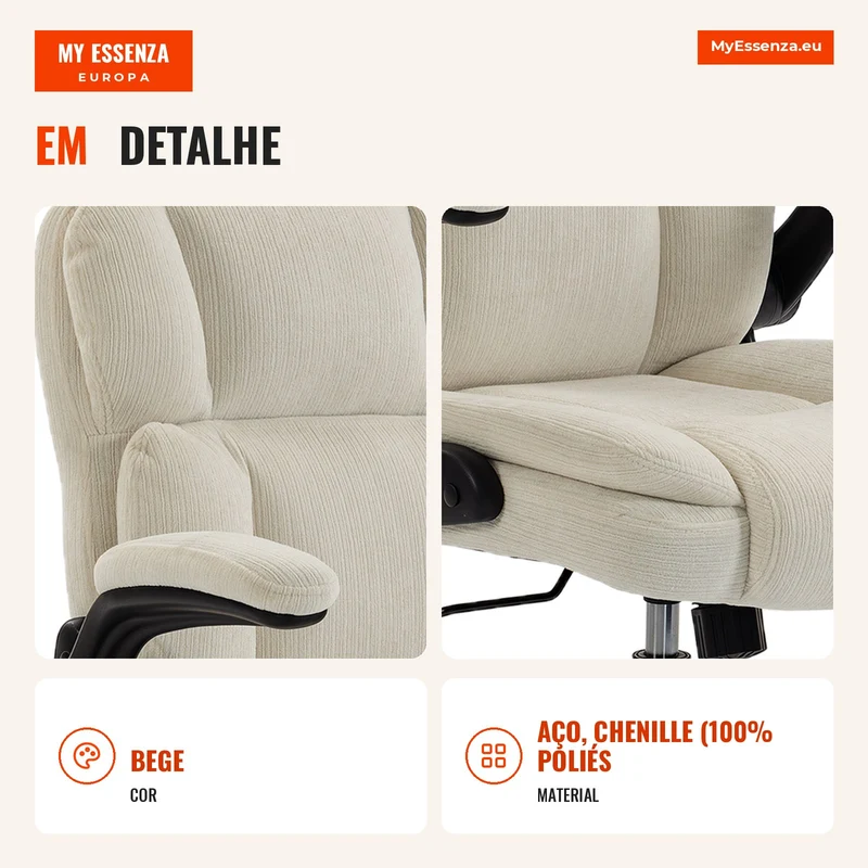 Cadeira de Escritório Ergonómica em Chenille Função de Basculamento Apoios de Braço Eleváveis Altura Ajustável 70x67x108 cm Bege