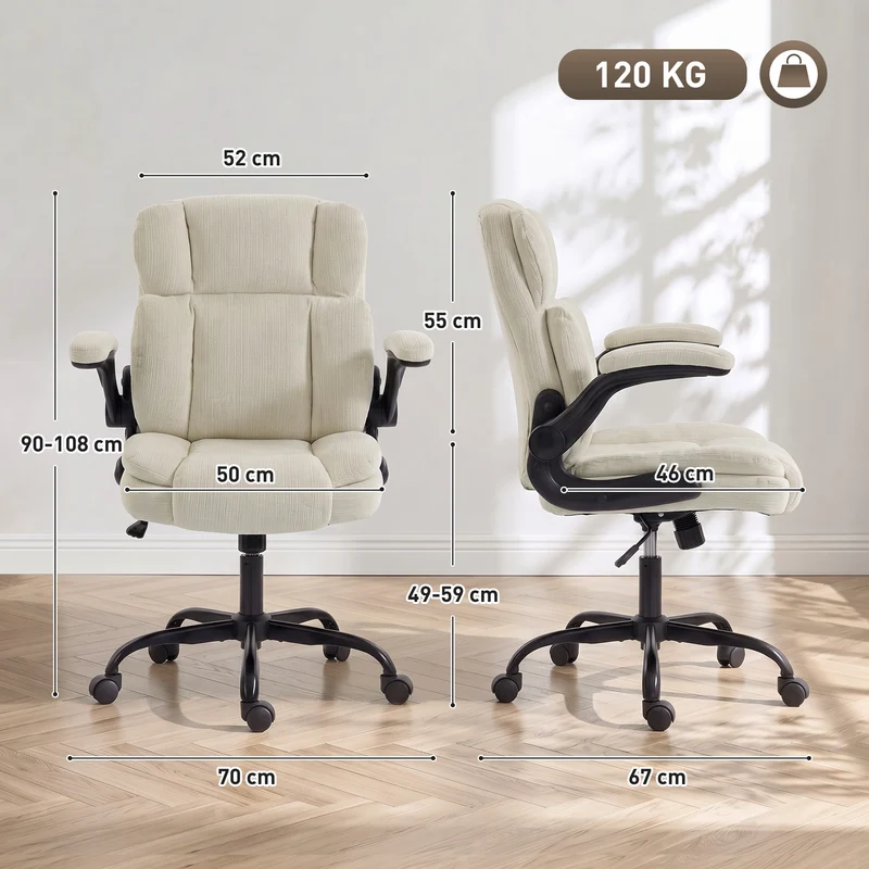 Cadeira de Escritório Ergonómica em Chenille Função de Basculamento Apoios de Braço Eleváveis Altura Ajustável 70x67x108 cm Bege