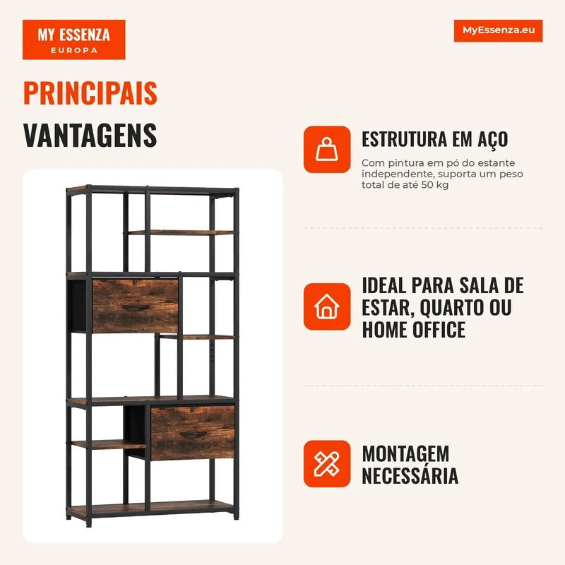 Estante de armazenamento, 2 gavetas de tecido, 9 compartimentos abertos, estante independente com estrutura em aço, Marrom+Preto
