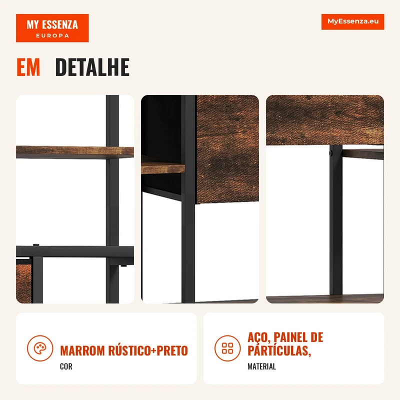 Estante de armazenamento, 2 gavetas de tecido, 9 compartimentos abertos, estante independente com estrutura em aço, Marrom+Preto