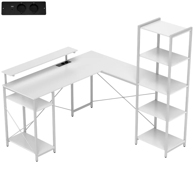 Mesa em L com estação de carregamento, Mesa de canto com suporte para monitor e prateleiras, para Home Office, Escritório, Branco