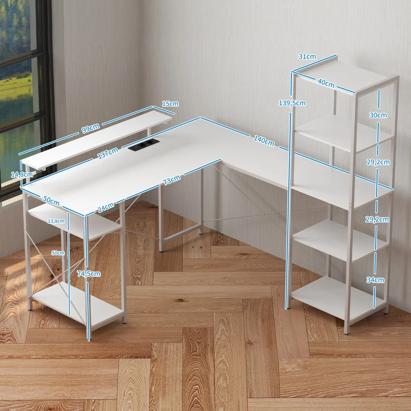 Mesa em L com estação de carregamento, Mesa de canto com suporte para monitor e prateleiras, para Home Office, Escritório, Branco