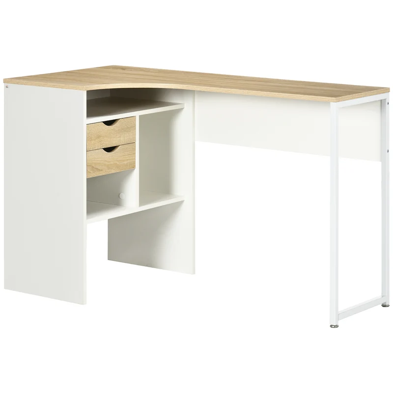 Secretária de Canto em L 120x60 cm com 2 Gavetas e 3 Compartimentos Abertos para Escritório e Estudo, Natural e Branco