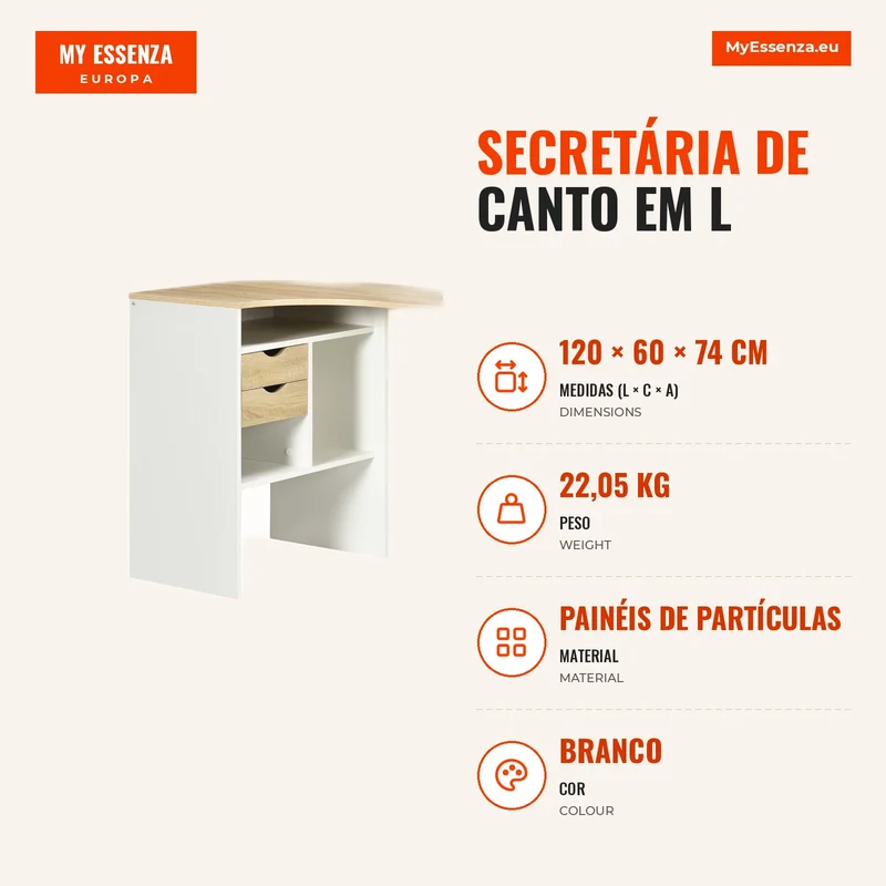 Secretária de Canto em L 120x60 cm com 2 Gavetas e 3 Compartimentos Abertos para Escritório e Estudo, Natural e Branco