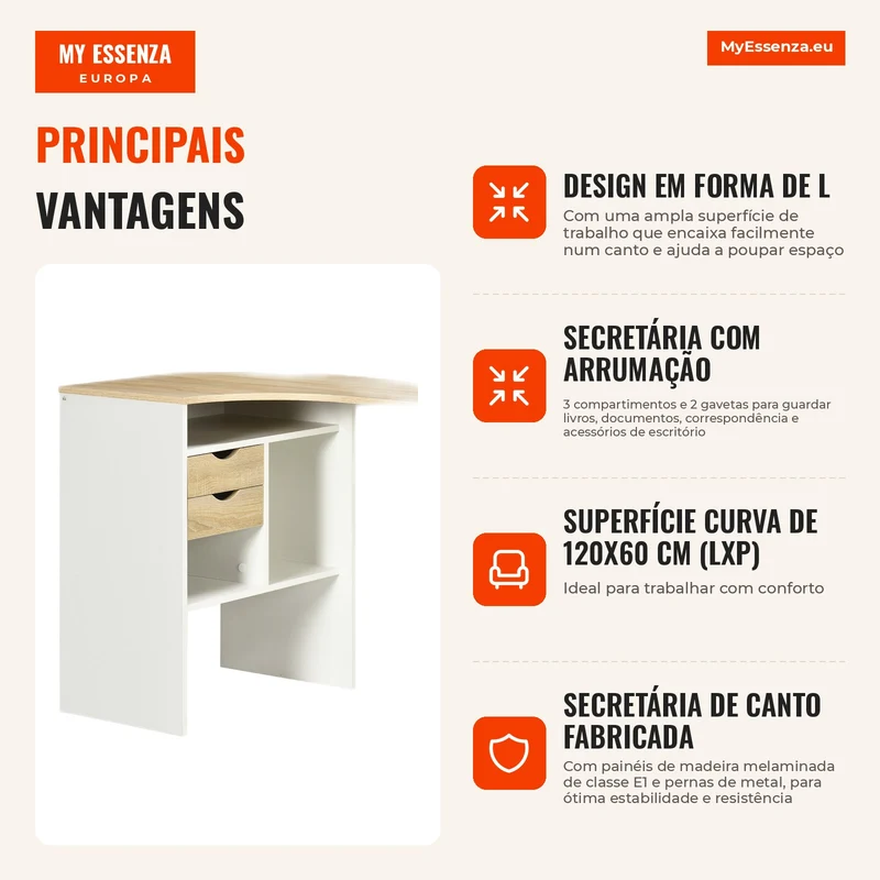 Secretária de Canto em L 120x60 cm com 2 Gavetas e 3 Compartimentos Abertos para Escritório e Estudo, Natural e Branco