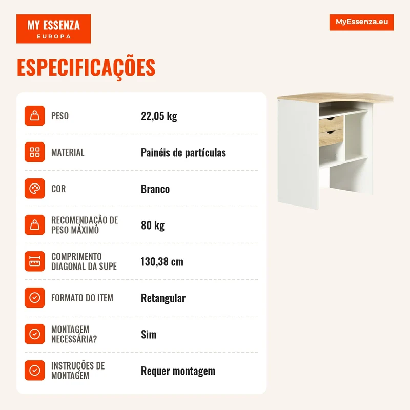 Secretária de Canto em L 120x60 cm com 2 Gavetas e 3 Compartimentos Abertos para Escritório e Estudo, Natural e Branco
