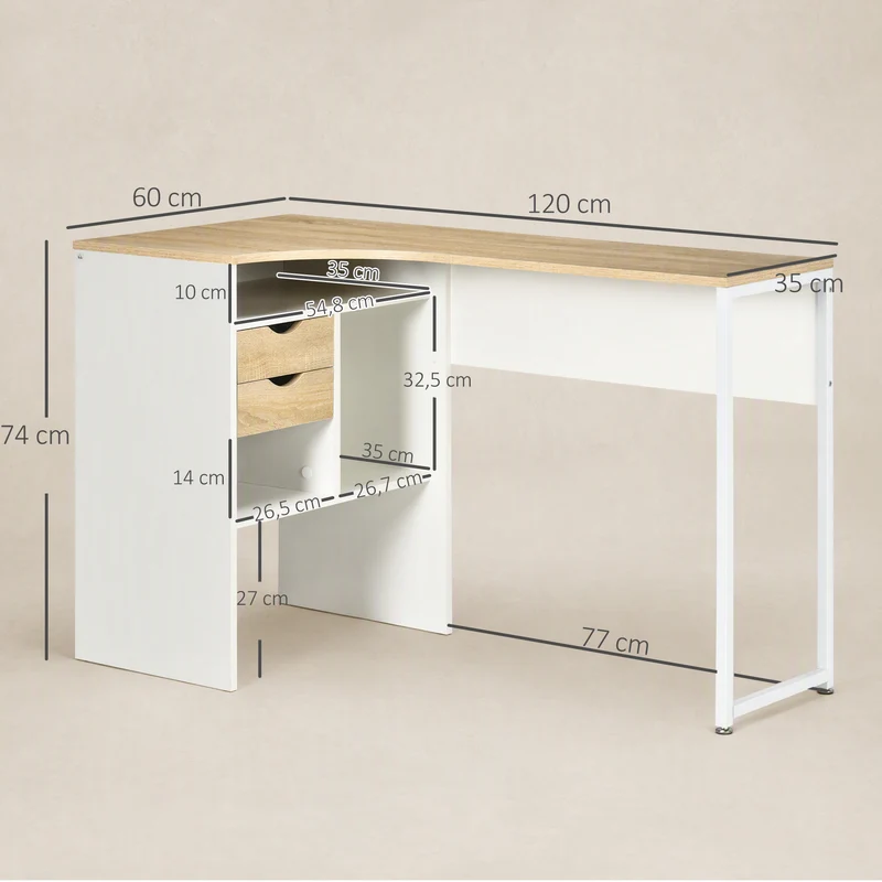 Secretária de Canto em L 120x60 cm com 2 Gavetas e 3 Compartimentos Abertos para Escritório e Estudo, Natural e Branco