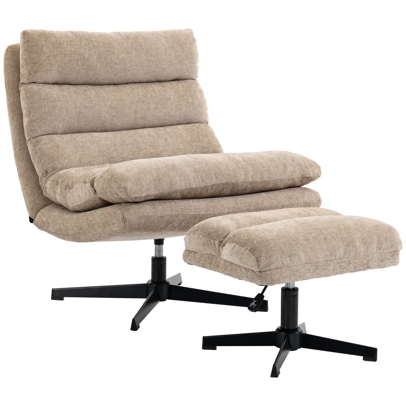 Poltrona Lounge com Puff Poltrona Chenille Giratória com Puff Regulável em Altura Estofamento Espesso e Assento Largo Castanho