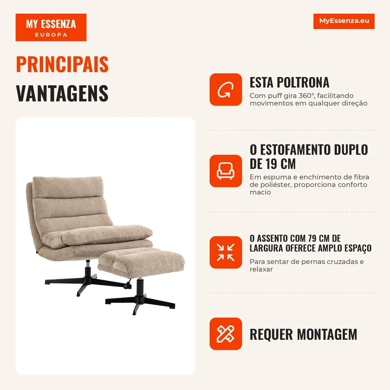 Poltrona Lounge com Puff Poltrona Chenille Giratória com Puff Regulável em Altura Estofamento Espesso e Assento Largo Castanho