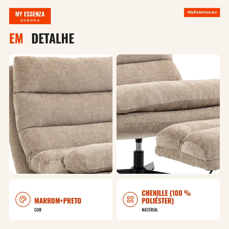 Poltrona Lounge com Puff Poltrona Chenille Giratória com Puff Regulável em Altura Estofamento Espesso e Assento Largo Castanho