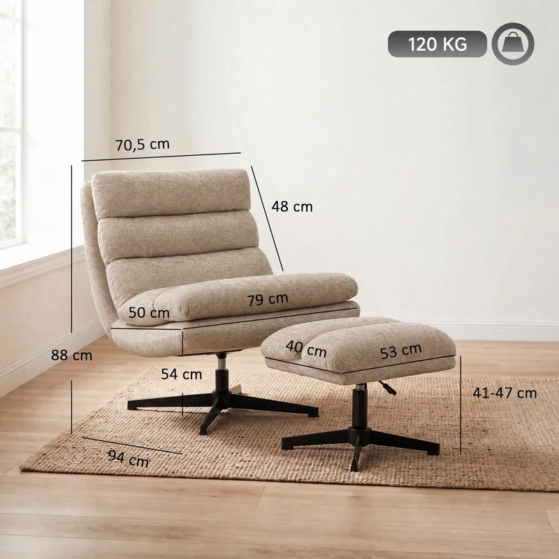 Poltrona Lounge com Puff Poltrona Chenille Giratória com Puff Regulável em Altura Estofamento Espesso e Assento Largo Castanho