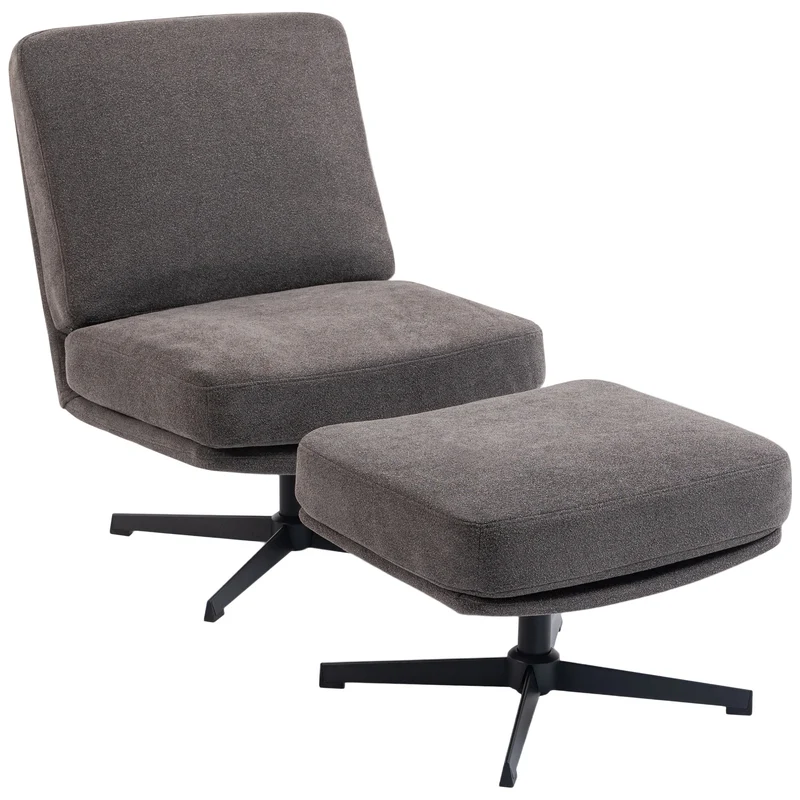 Poltrona com Pufe Giratória, Lounge com Visual Linho para Sala de Estar, Cinza Escuro