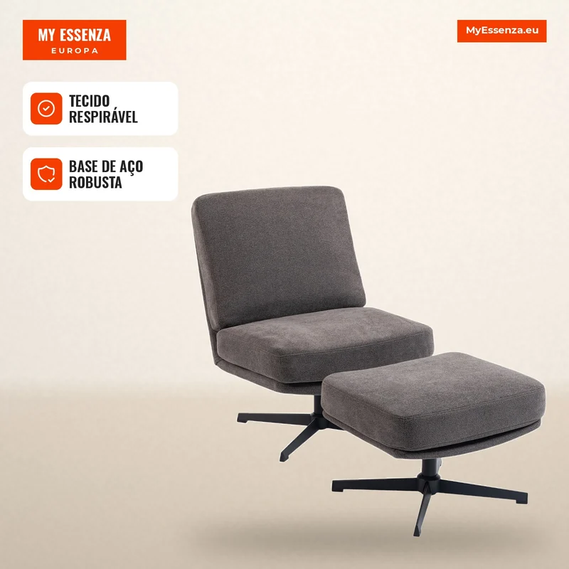 Poltrona com Pufe Giratória, Lounge com Visual Linho para Sala de Estar, Cinza Escuro