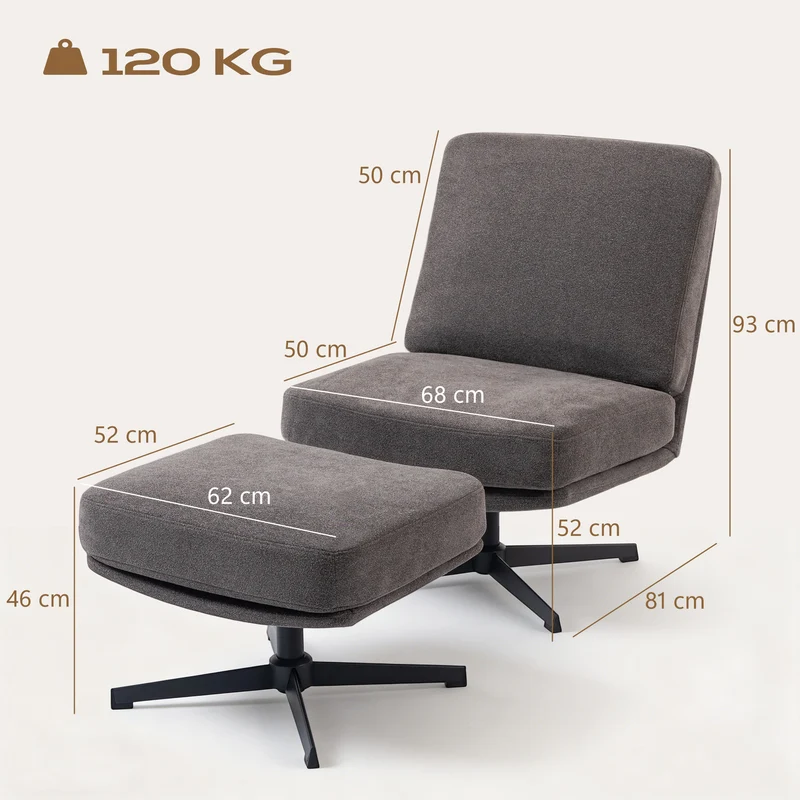 Poltrona com Pufe Giratória, Lounge com Visual Linho para Sala de Estar, Cinza Escuro