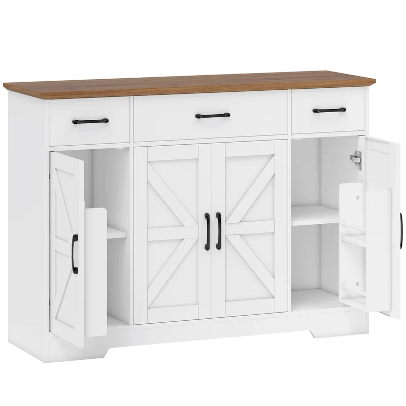 Aparador de Cozinha Rústico, Móvel de Cozinha com Portas Soft-Close, 3 Gavetas, 3 Prateleiras Ajustáveis, Porta-Temperos, Branco