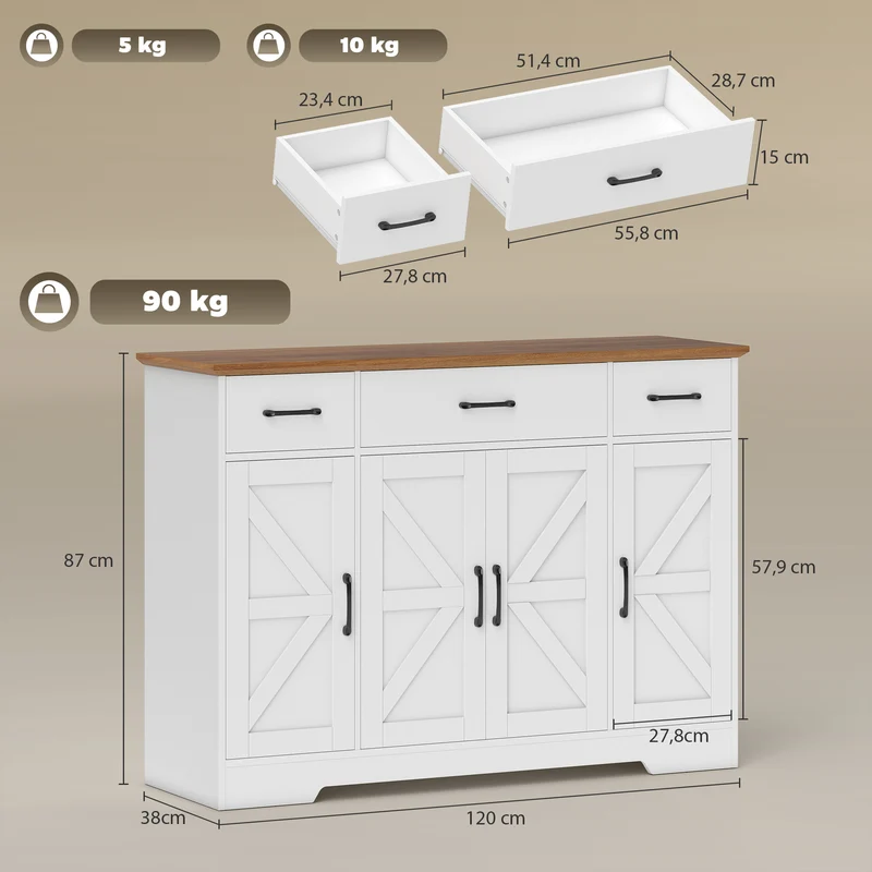 Aparador de Cozinha Rústico, Móvel de Cozinha com Portas Soft-Close, 3 Gavetas, 3 Prateleiras Ajustáveis, Porta-Temperos, Branco