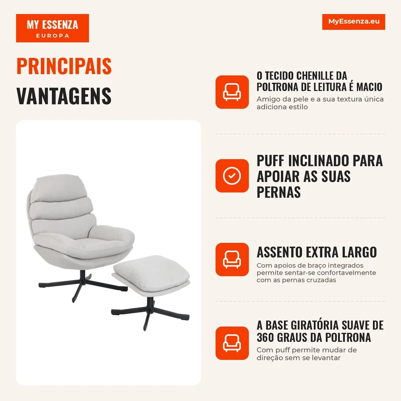 Poltrona Relax com Banco Poltrona Lounge em Tecido Chenille Poltrona de TV Moderna 78x93x100 cm Creme Branco