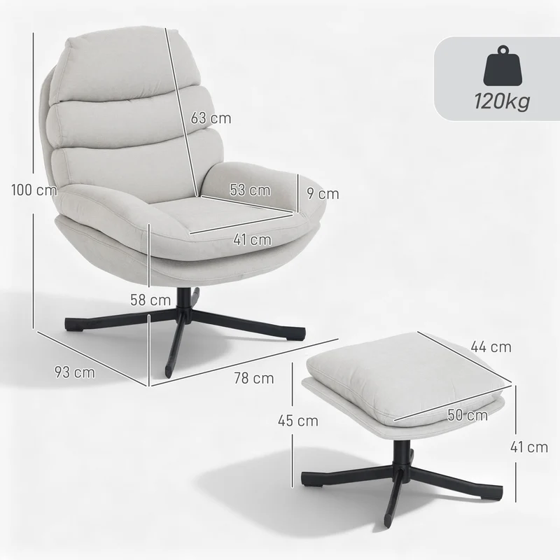 Poltrona Relax com Banco Poltrona Lounge em Tecido Chenille Poltrona de TV Moderna 78x93x100 cm Creme Branco