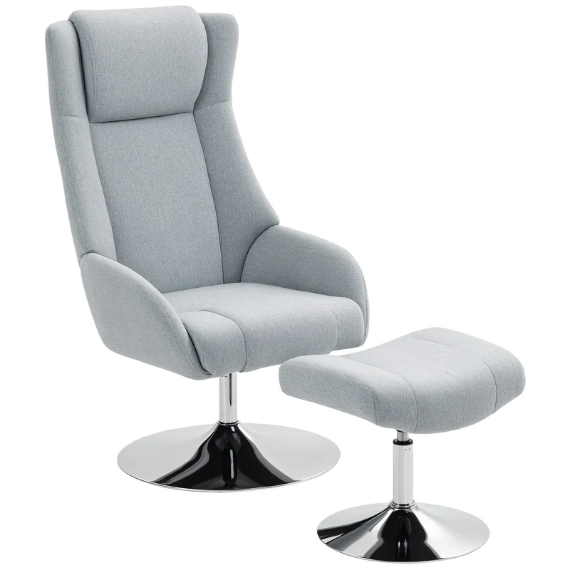Poltrona estofada giratória com pufe, reclinável, poltrona estofada com apoios de braço, para sala de estar, quarto, cinza