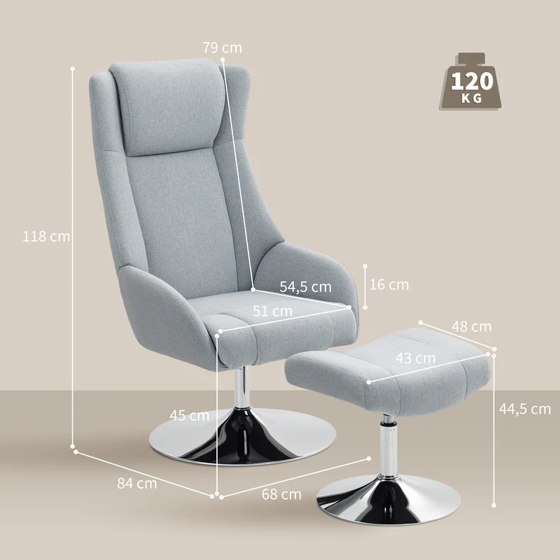 Poltrona estofada giratória com pufe, reclinável, poltrona estofada com apoios de braço, para sala de estar, quarto, cinza