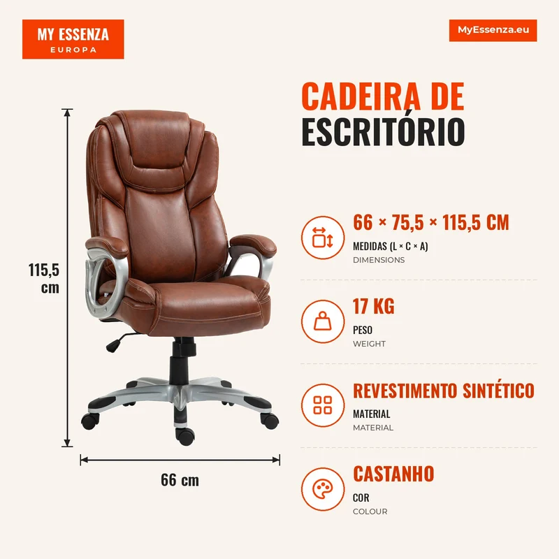 Cadeira de Escritório Cadeira de Escritório com Função de Balanço Rodas Giratórias 360° 66x75,5x115,5-124,5 cm Castanho