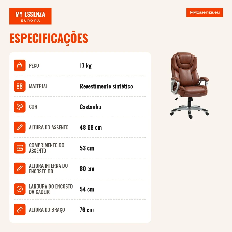 Cadeira de Escritório Cadeira de Escritório com Função de Balanço Rodas Giratórias 360° 66x75,5x115,5-124,5 cm Castanho