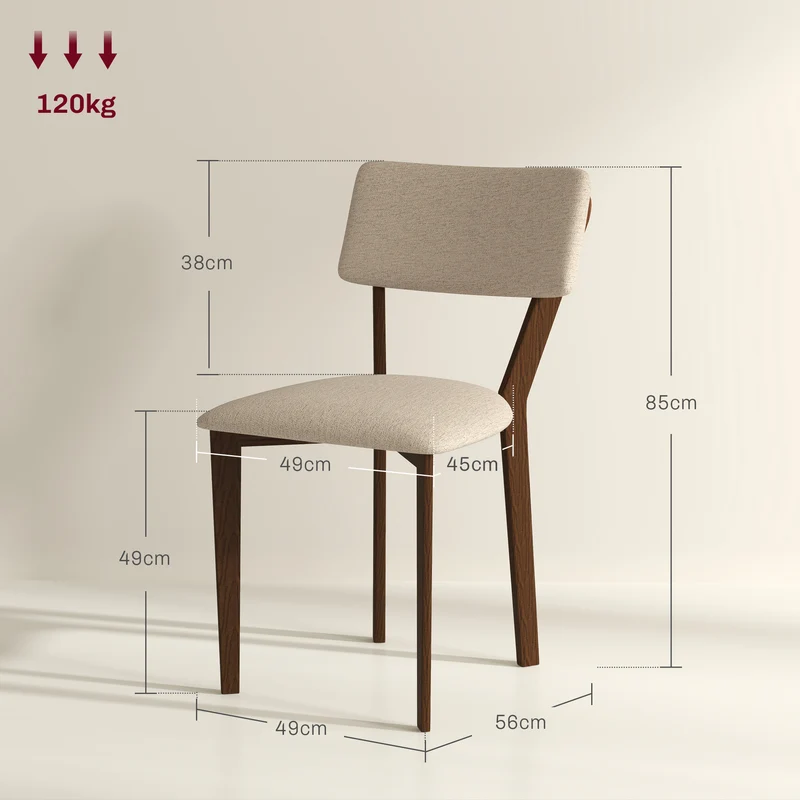 Conjunto de 2 Cadeiras de Jantar Cadeiras de Cozinha com Encosto Pés em Madeira Tecido com Aspeto de Linho 49x56x85 cm Bege