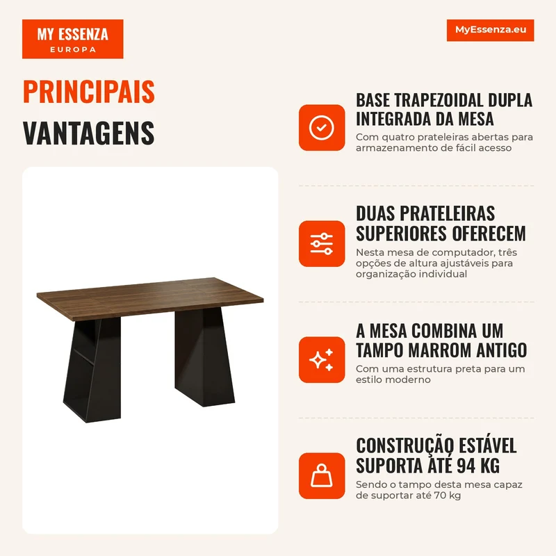 Mesa com 4 prateleiras abertas, design industrial, 140 cm, Marrom-Preto