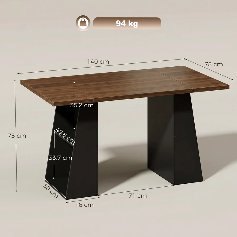 Mesa com 4 prateleiras abertas, design industrial, 140 cm, Marrom-Preto
